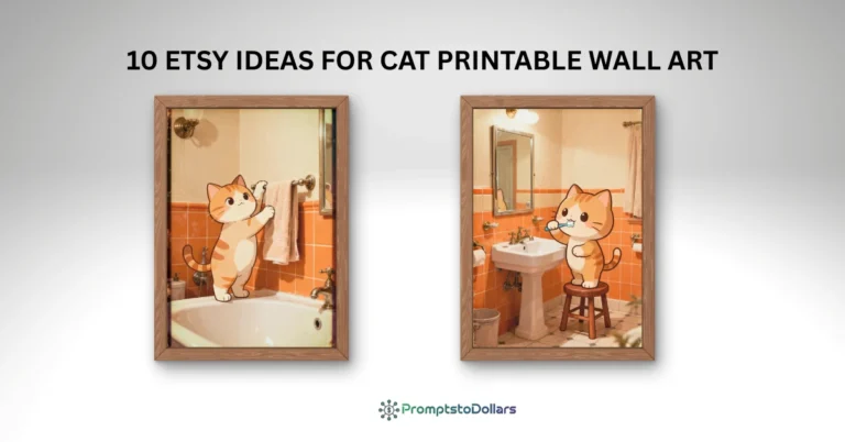 Framed cat wall art mockups with cute cartoon cats in a bathroom scene, used as a featured image for a blog about Etsy ideas and how to make money online with AI.