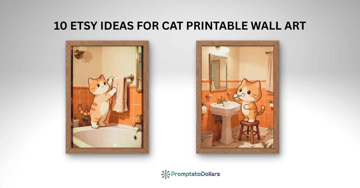 Framed cat wall art mockups with cute cartoon cats in a bathroom scene, used as a featured image for a blog about Etsy ideas and how to make money online with AI.