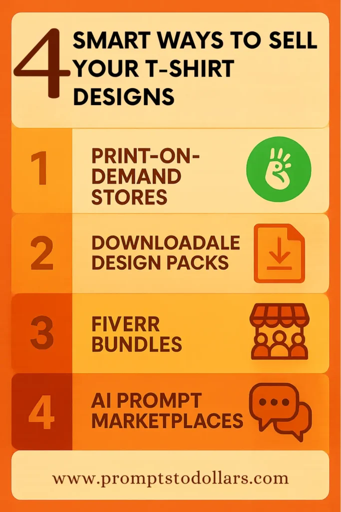 An infographic titled '4 Smart Ways to Sell Your T-Shirt Designs,' listing print-on-demand stores, downloadable design packs, Fiverr bundles, and AI prompt marketplaces with corresponding icons.