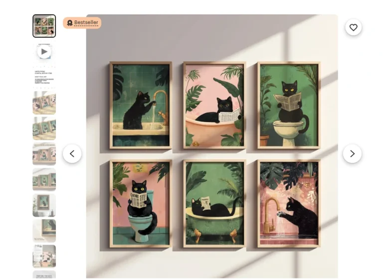 Six-piece bathroom cat printable wall art set in retro colors – Etsy ideas for making money online with AI.