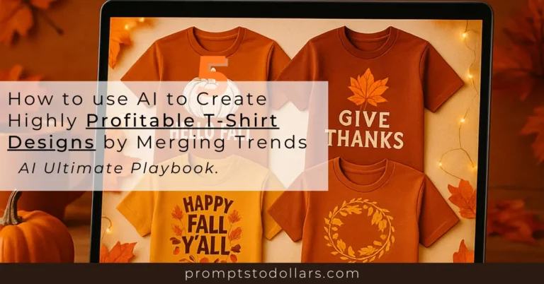A tablet screen displaying a collection of colorful fall t-shirt designs with text like 'Give Thanks' and 'Happy Fall Y'all,' set against a cozy background of autumn leaves and a pumpkin to demonstrate how to make money with AI. Text overlay reads, “How to use AI to Create Highly Profitable T-Shirt Designs by Merging Trends | AI Ultimate Playbook.