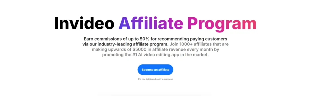 InVideo AI affiliate program banner showing “Earn commissions of up to 50%,” inviting creators to become affiliates and make money with AI through video creation tools.