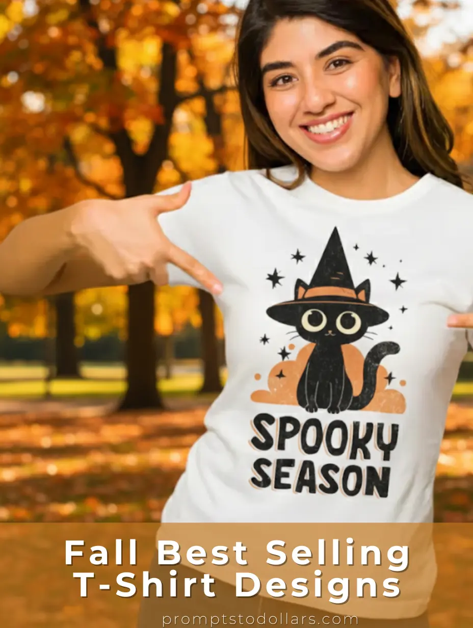 Woman wearing a white fall t-shirt with a retro vintage Halloween black cat graphic and Spooky Season text, autumn background.