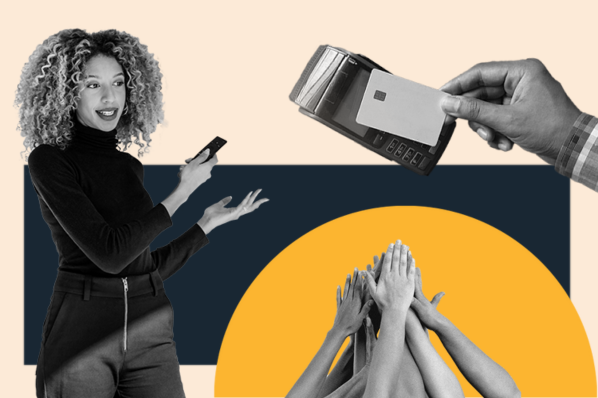 Collage image showing a woman presenting, a credit card being tapped on a machine, and a group of hands raised in success — symbolizing affiliate marketing as an AI side hustle and online business idea to make money online.