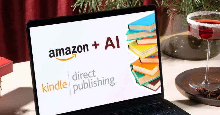 Laptop screen showing Amazon Kindle Direct Publishing with AI and stacked colorful books, symbolizing AI tools for Amazon Kindle Store publishing.