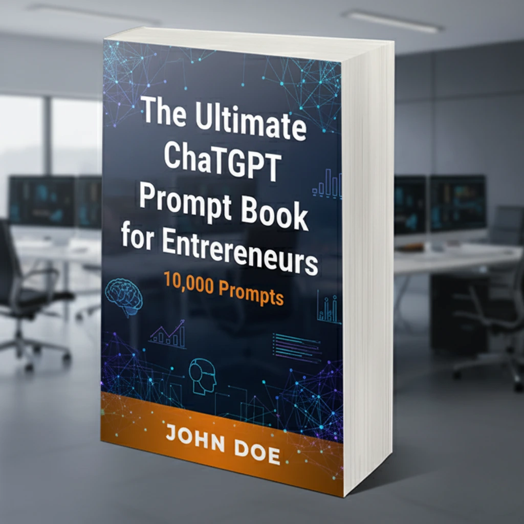 A mockup of an eBook titled "The Ultimate ChatGPT Prompt Book for Entrepreneurs - 10,000 Prompts" sitting on a desk, illustrating how to sell AI prompts on Amazon KDP.