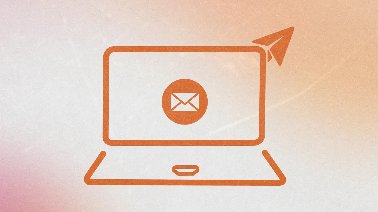 A clean, minimalist featured image showing an orange line-art laptop with an email icon and a paper plane, set against a soft, grainy pastel gradient background. The illustration represents using free Perplexity AI prompts to launch a newsletter.