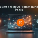 A laptop displaying the Etsy logo over a glowing neural network, with an idea lightbulb and a brain icon, illustrating the concept of selling AI prompt bundles on Etsy. The title text on the image reads, "Etsy’s Best Selling AI Prompt Bundles & Packs"