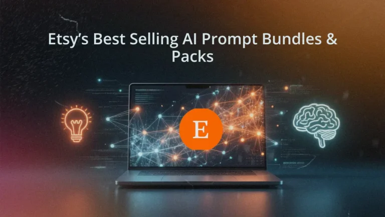 A laptop displaying the Etsy logo over a glowing neural network, with an idea lightbulb and a brain icon, illustrating the concept of selling AI prompt bundles on Etsy. The title text on the image reads, "Etsy’s Best Selling AI Prompt Bundles & Packs"