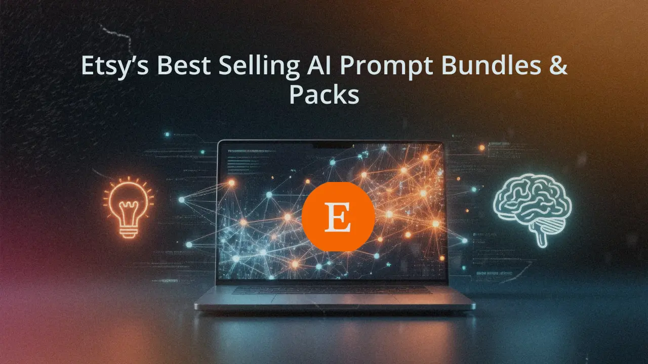 A laptop displaying the Etsy logo over a glowing neural network, with an idea lightbulb and a brain icon, illustrating the concept of selling AI prompt bundles on Etsy. The title text on the image reads, "Etsy’s Best Selling AI Prompt Bundles & Packs"