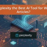 digital keyboard and pen over a futuristic circuit board, symbolizing how Perplexity AI is the best AI for writing blog articles.