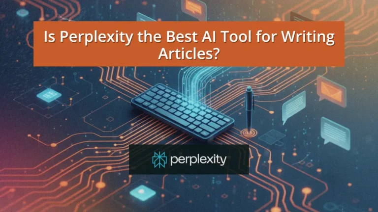 digital keyboard and pen over a futuristic circuit board, symbolizing how Perplexity AI is the best AI for writing blog articles.