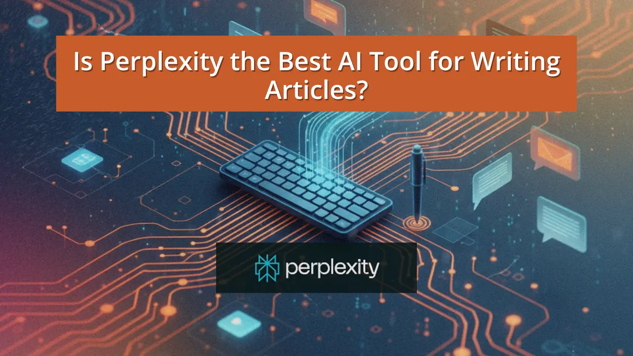 digital keyboard and pen over a futuristic circuit board, symbolizing how Perplexity AI is the best AI for writing blog articles.