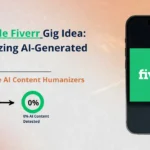 Profitable Fiverr gig idea showing humanizing AI generated content with smartphone displaying Fiverr logo and visual showing 100 percent AI content detected transformed to 0 percent AI content detected
