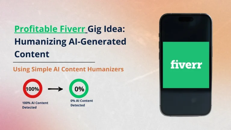 Profitable Fiverr gig idea showing humanizing AI generated content with smartphone displaying Fiverr logo and visual showing 100 percent AI content detected transformed to 0 percent AI content detected
