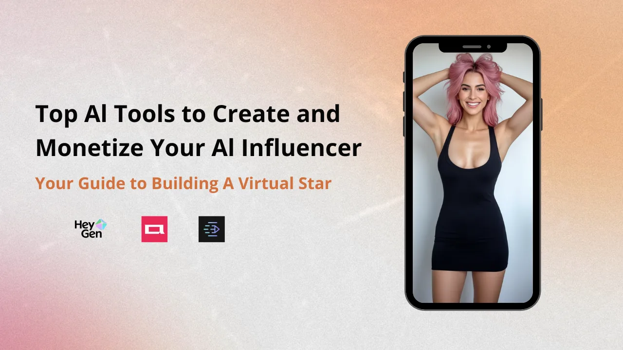 Featured image for a blog post on the top AI tools to create and monetize an AI influencer. A smiling woman, who is an AI influencer, with pink hair is shown inside a smartphone frame next to the title text and logos for AI tools like HeyGen.