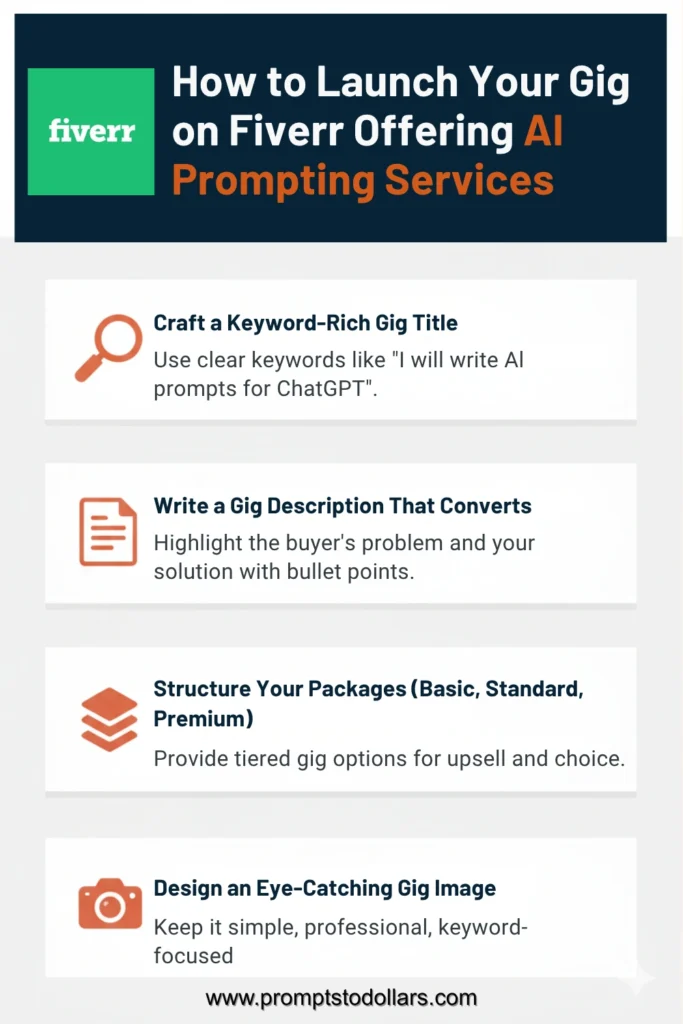 Infographic titled "How to Launch Your Gig on Fiverr Offering AI Prompting Services" detailing four steps: Craft a Keyword-Rich Gig Title, Write a Gig Description That Converts, Structure Your Packages, and Design an Eye-Catching Gig Image.
This image provides ideas for selling AI prompt services on Fiverr.