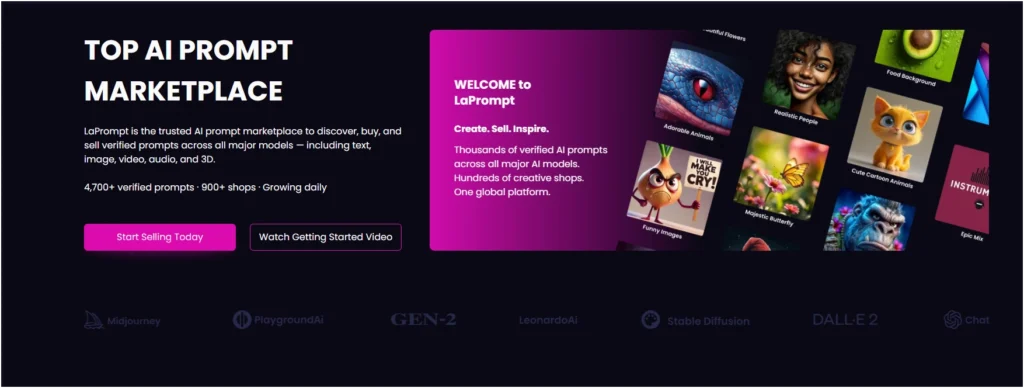 Screenshot of the LaPrompt AI prompt marketplace website, highlighting its features and categories for buying and selling AI prompts.