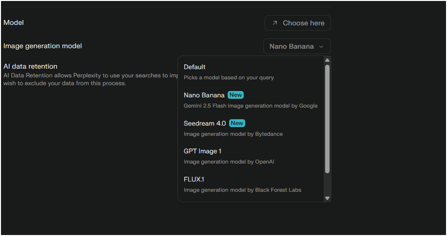 A screenshot showing the menu of AI image generation models available in the Perplexity AI interface.