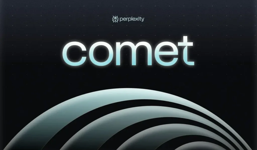 The official logo for the Perplexity Comet AI browser on a dark, futuristic background.