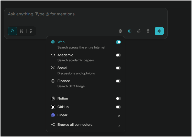 Screenshot of the Perplexity AI research interface showing the different "Focus" modes, including Web, Academic, and Social.