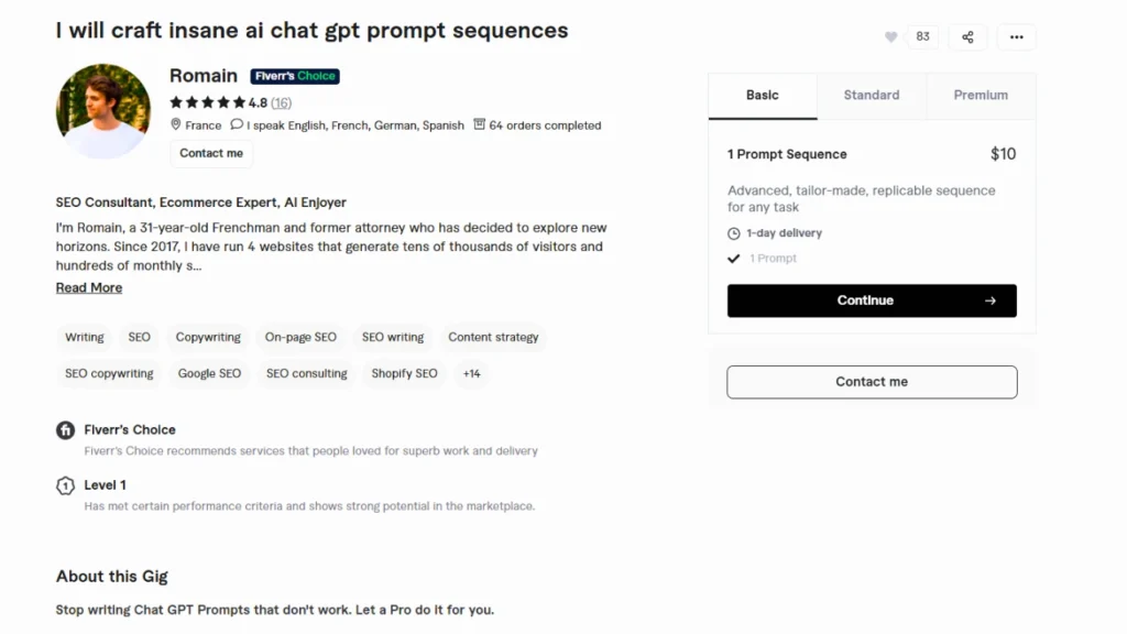 Screenshot of a "Fiverr's Choice" gig for writing custom AI ChatGPT prompt sequences. The service, offered by Romain, has a 4.8-star rating and is priced from $10.