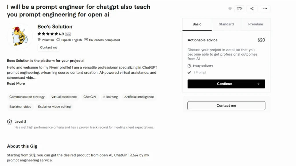 Screenshot of a Fiverr gig for an AI prompt engineer and coach. The title reads, "I will be a prompt engineer for ChatGPT, also teach you prompt engineering for OpenAI," showing the seller's high rating and service details.
Fiverr Gig with AI Prompts