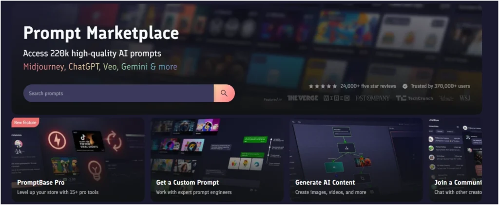 Screenshot of the PromptBase AI prompt marketplace homepage, showing its search bar and featured categories for selling AI prompts.