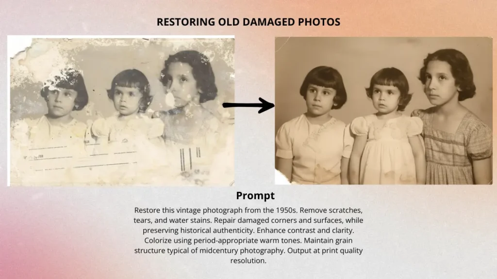 Before and after AI photo restoration showing 1950s damaged family portrait with scratches removed and clarity enhanced.