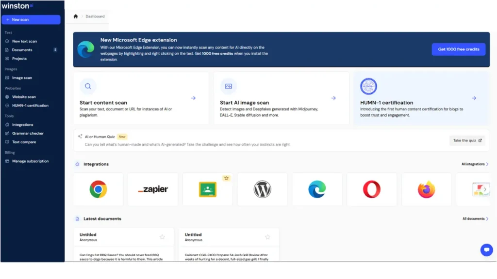Winston AI dashboard interface showing content scan features, AI image detection, HUMN-1 certification for blogs, grammar checker and integration tools