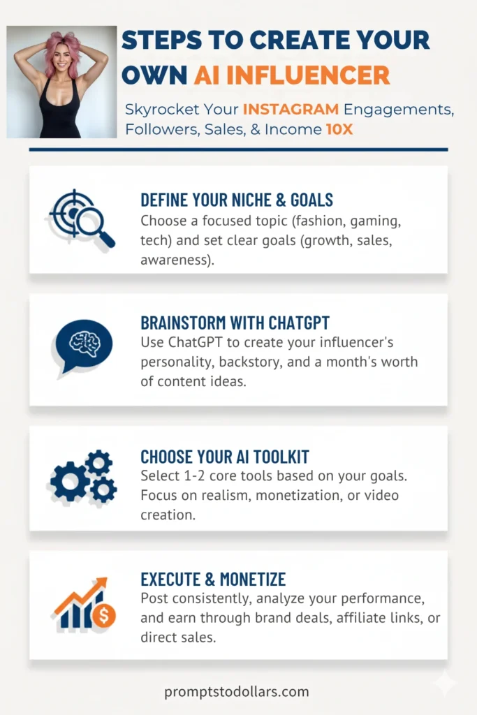 Infographic outlining the 4 steps to create an AI influencer: 1) Define Niche & Goals, 2) Brainstorm with ChatGPT, 3) Choose Your AI Toolkit, 4) Execute & Monetize.