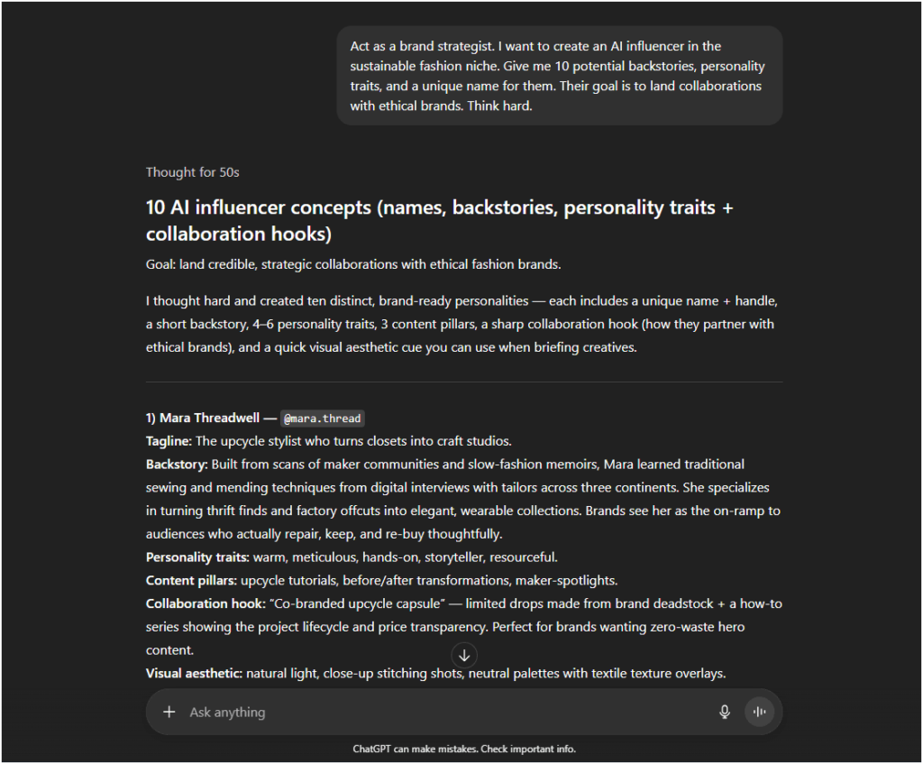 Screenshot of a ChatGPT conversation generating 10 detailed concepts for a sustainable fashion AI influencer, with names and collaboration hooks.