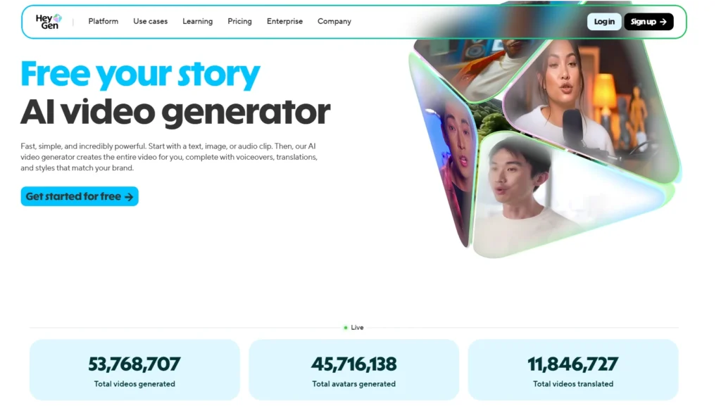 The HeyGen website homepage, featuring its "Free your story AI video generator" slogan and examples of diverse AI avatars.