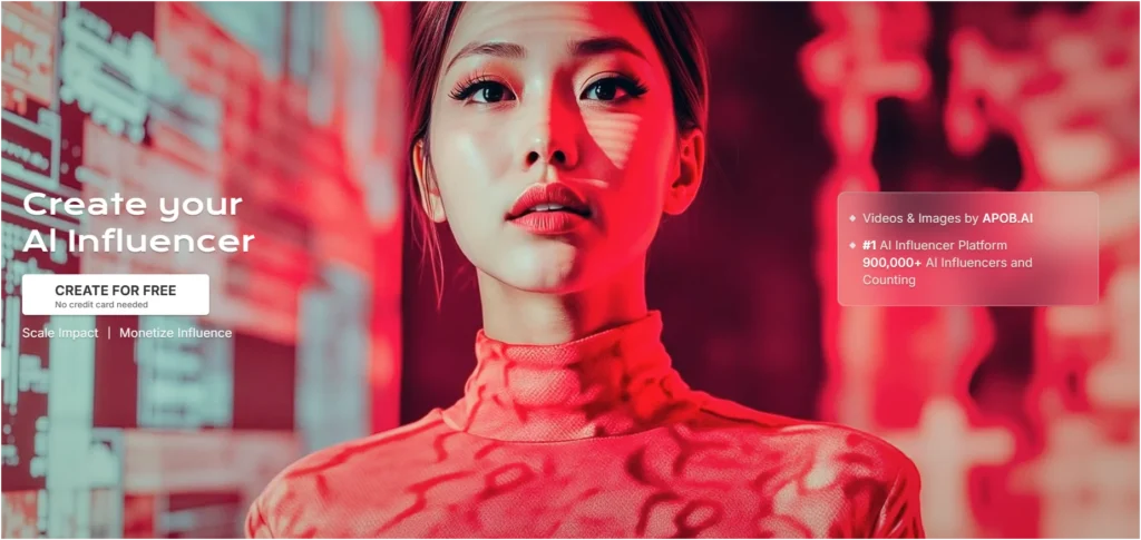 The homepage for APOB.AI, showing an image of an AI influencer and a "Create for Free" button, highlighting that it's a popular platform with over 900,000 users.