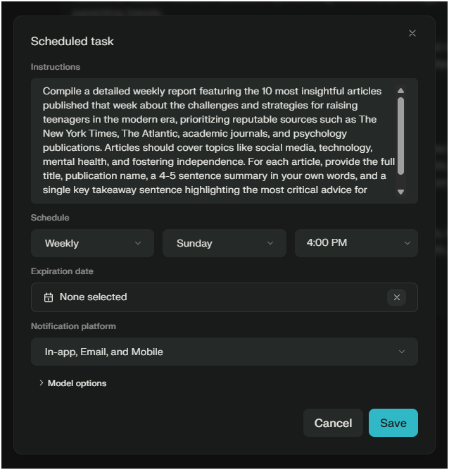 Perplexity AI task scheduler interface showing weekly automated research setup for newsletter content creation