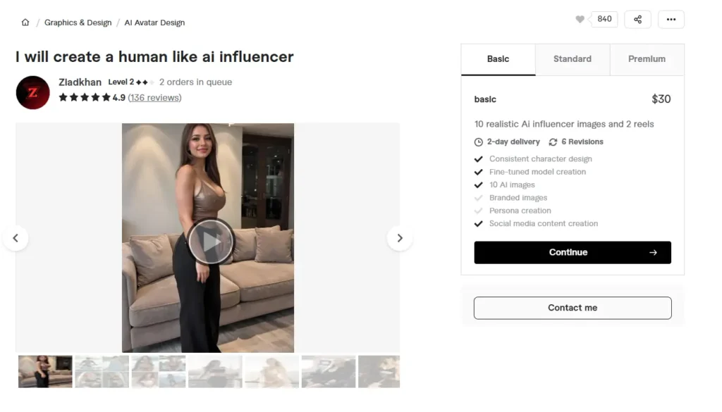 Screenshot of a Fiverr gig by Ziadkhan offering human-like AI influencer model creation with flexible packages starting at $30 and multiple image and video options.
