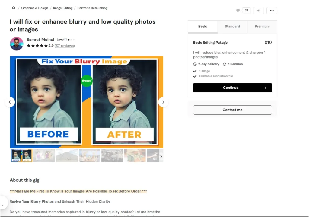 Fiverr gig showing photo restoration pricing at $10 basic package with before and after blurry photo example.