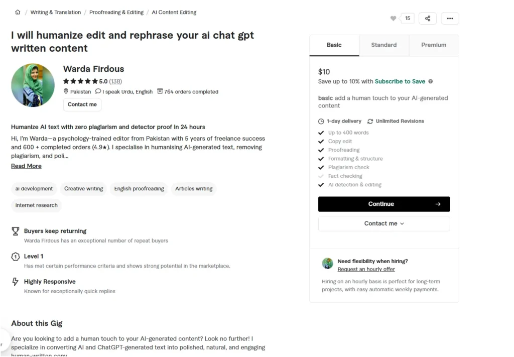 Fiverr gig profile of Warda Firdous showing AI content humanization service with 5 star rating and 764 orders completed at $10 basic price