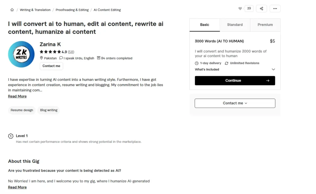 Fiverr gig by Zarina K offering AI to human content conversion at $5 for 3000 words with unlimited revisions and 1 day delivery