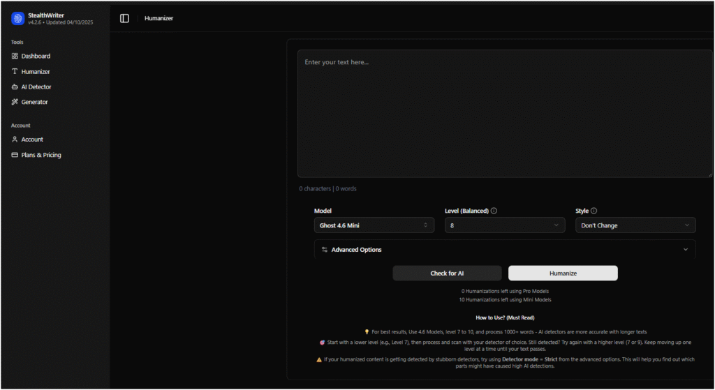 StealthWriter AI dashboard interface displaying humanizer tool with Ghost Mini model selected and level 8 humanization settings for bypassing AI detectors