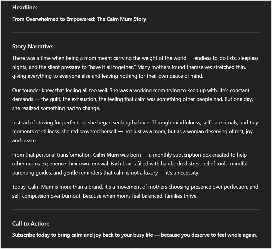 Screenshot of a story generated by ChatGPT for a brand called "The Calm Mum," demonstrating the output from the article's featured ChatGPT prompt for business.