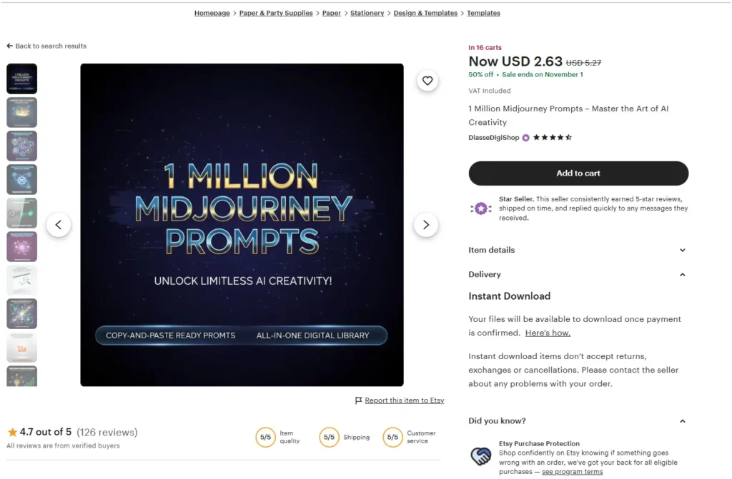 A screenshot of a bestselling Etsy listing for a "1 Million Midjourney Prompts" bundle. The image highlights its low price, instant digital download feature, and positive customer reviews, demonstrating the high-volume-low-cost strategy.