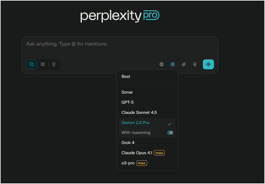 The Perplexity Pro interface showing the dropdown menu for selecting advanced AI models for writing articles.