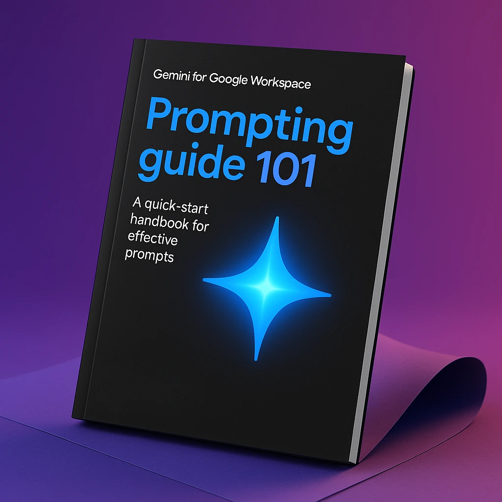 The cover of the "Prompting guide 101" from Gemini for Google Workspace, resting on a purple background.