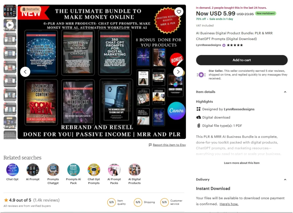An Etsy listing for "The Ultimate Bundle to Make Money Online," an AI business bundle with PLR and MRR rights, priced at $5.99 with a 4.9-star rating from over 1.4k reviews.