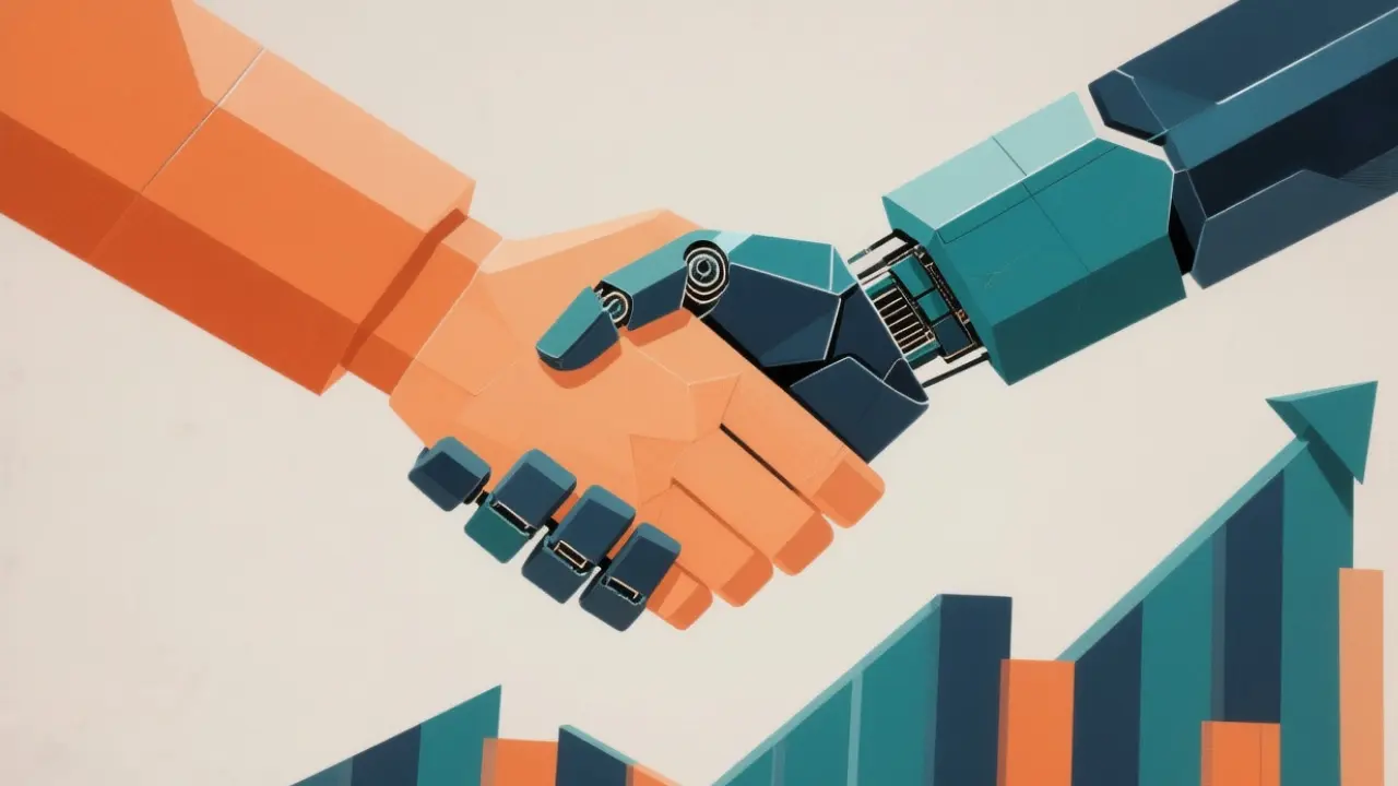 Human hand and robotic hand shaking above rising teal and orange financial bars, representing AI‑powered income growth.