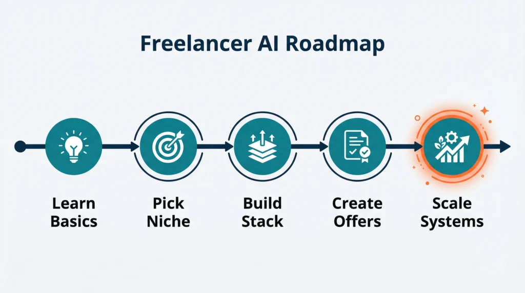 Horizontal Freelancer AI Roadmap diagram with icons for learning basics, picking a niche, building an AI stack, creating offers, and scaling systems, illustrating the step by step journey to freelancing with AI.