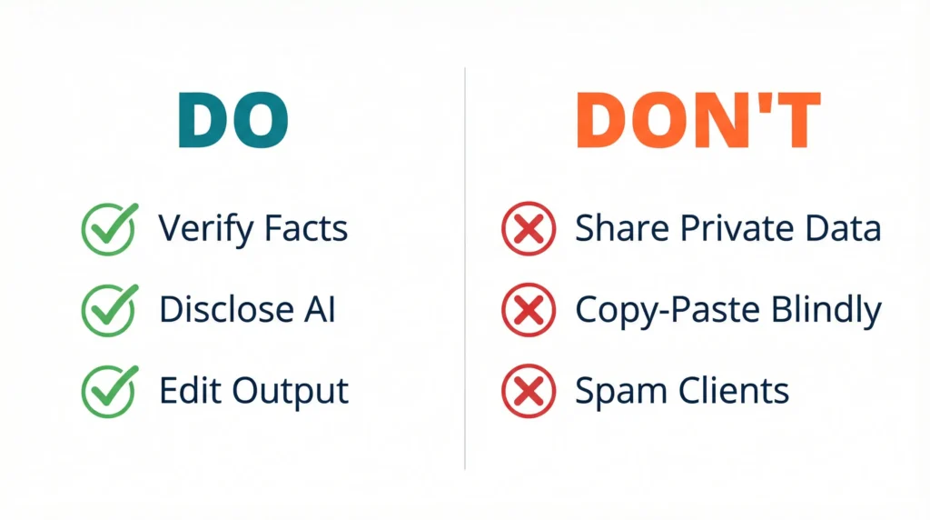 Two‑column Do and Don’t checklist for ethical freelancing with AI, showing green checkmarks for verifying facts, disclosing AI, editing output, and red crosses for sharing private data, copy‑pasting blindly, and spamming clients.