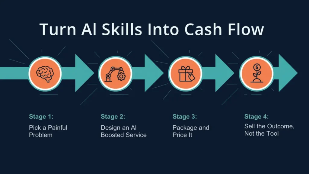 Dark navy process diagram with arrows titled Turn AI Skills Into Cash Flow, showing four stages: pick a painful problem, design an AI‑boosted service, package and price it, sell the outcome not the tool.