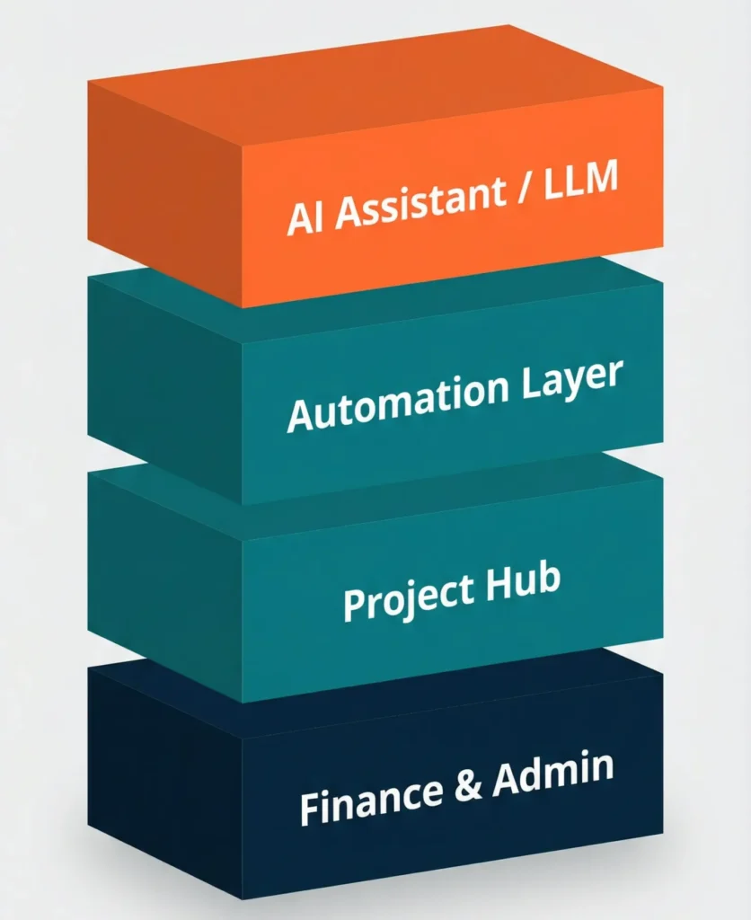 Four stacked 3D blocks labeled Finance & Admin, Project Hub, Automation Layer, and AI Assistant/LLM, visualizing the minimum viable AI tool stack a freelancer needs to succeed with freelancing with AI.